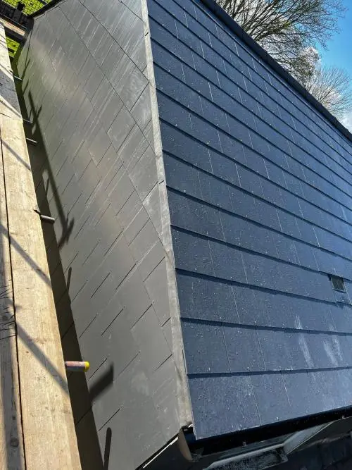 Replacement slate roof with slate hanging tile gable end